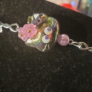 Silver-tone Floral Cat Pendant Long Necklace in Pink, Yellow and Green